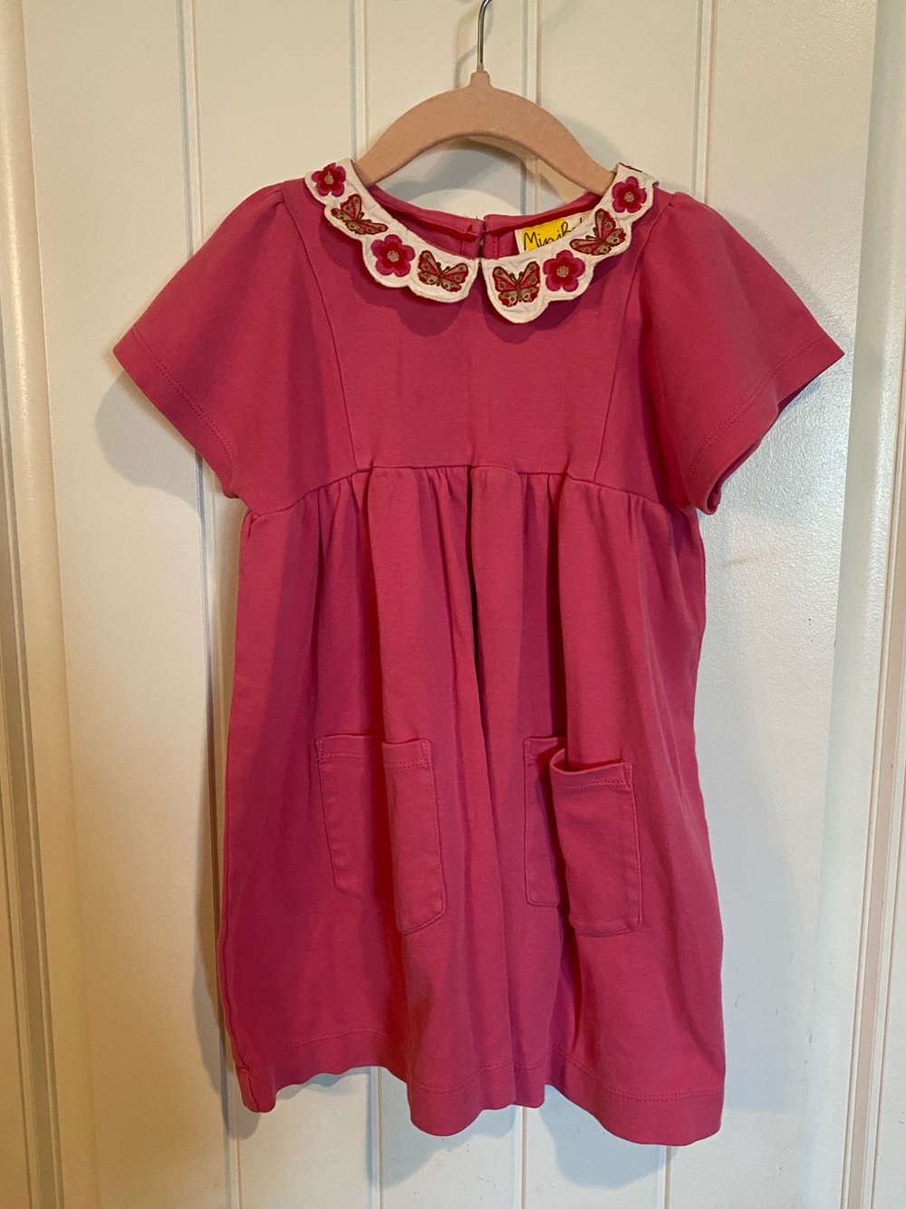 Mini Boden Pink T-shirt Dress with Embroidered Butterfly Collar